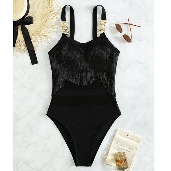 black Fringe with mesh detailed One Piece Swimsuit - Picture 3 of 7